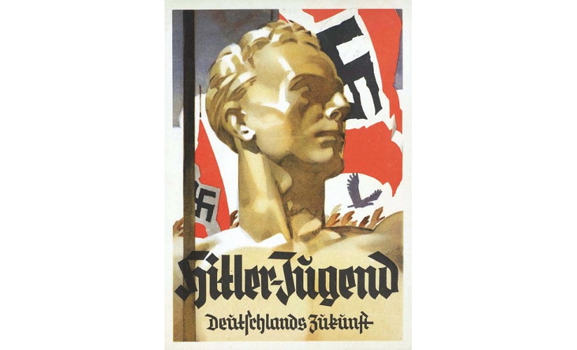 Propagandaplakat fra Nazi-Tyskland, 1942. Plakaten er illustrert med en tegning av en ung mann. Flagg med hakekors vaier i bakgrunn. Plakaten støttes av tekst som oppfordrer unge til å bli med i ungdomsorganisasjonen til de tyske nasjonalsosialistene.