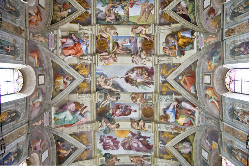 Fotografi av taket i Det sixinske kapell. Taket er malt av Michelangelo, 1508-1512.