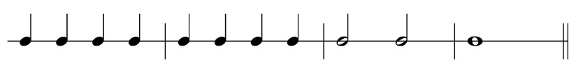 Illustrasjon av noterekke med taktstreker mellom notene.