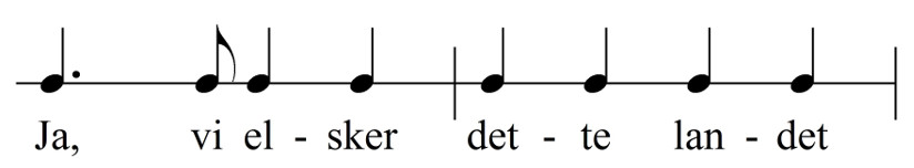 Illustrasjon av punktert note i første rekke av «Ja, vi elsker».